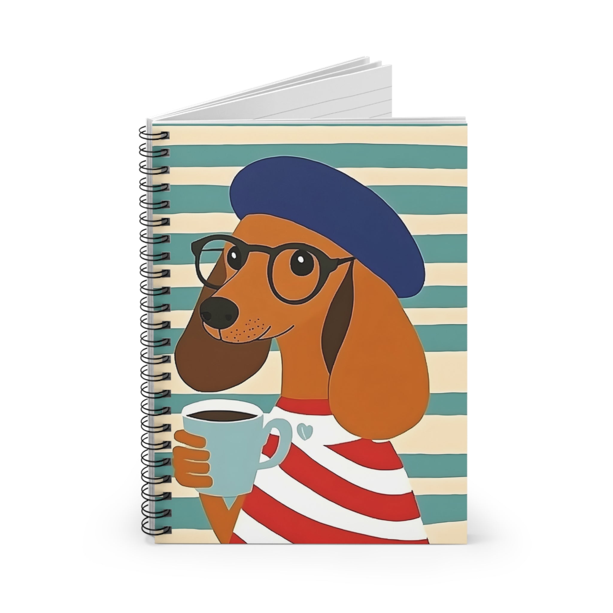 Dachshund Coffee Notebook — Striped Spiral Journal with Dog in Beret