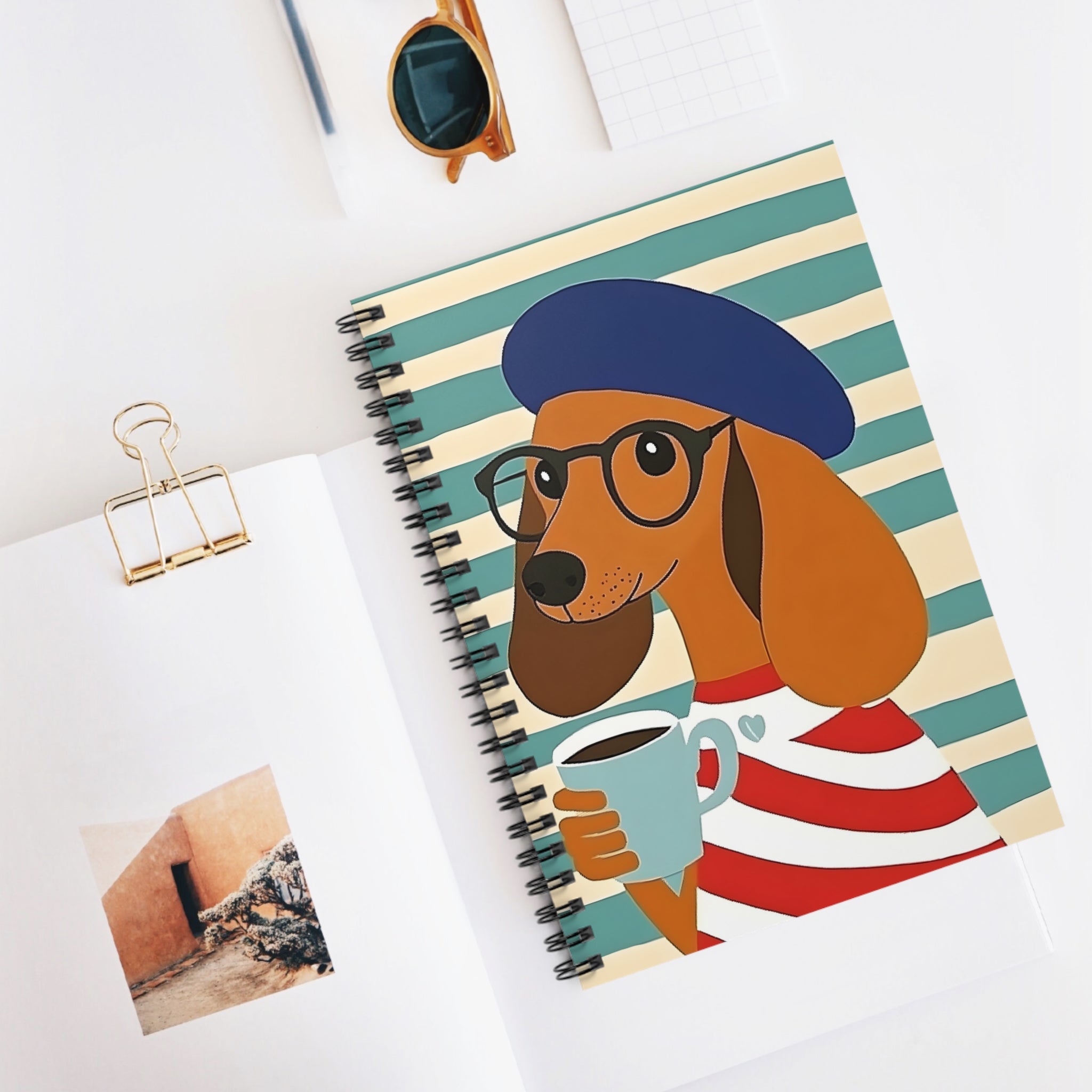 Dachshund Coffee Notebook — Striped Spiral Journal with Dog in Beret