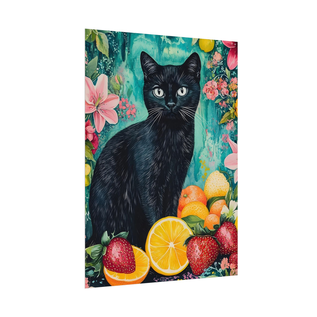 Black Cat Watercolor Poster — Fruit & Floral Matte Art Print