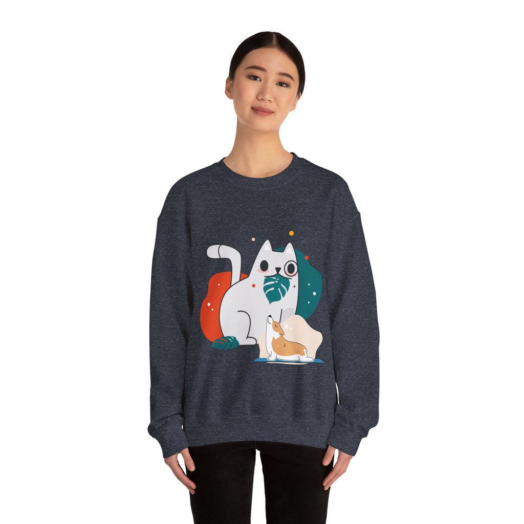Cute Cat & Corgi Crewneck Sweatshirt — Playful Pet Graphic Pullover