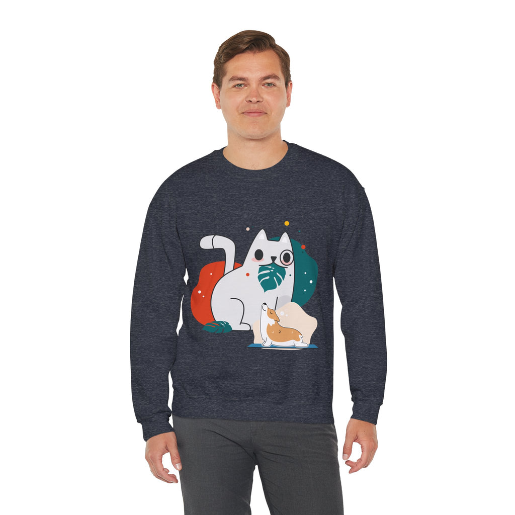 Cute Cat & Corgi Crewneck Sweatshirt — Playful Pet Graphic Pullover