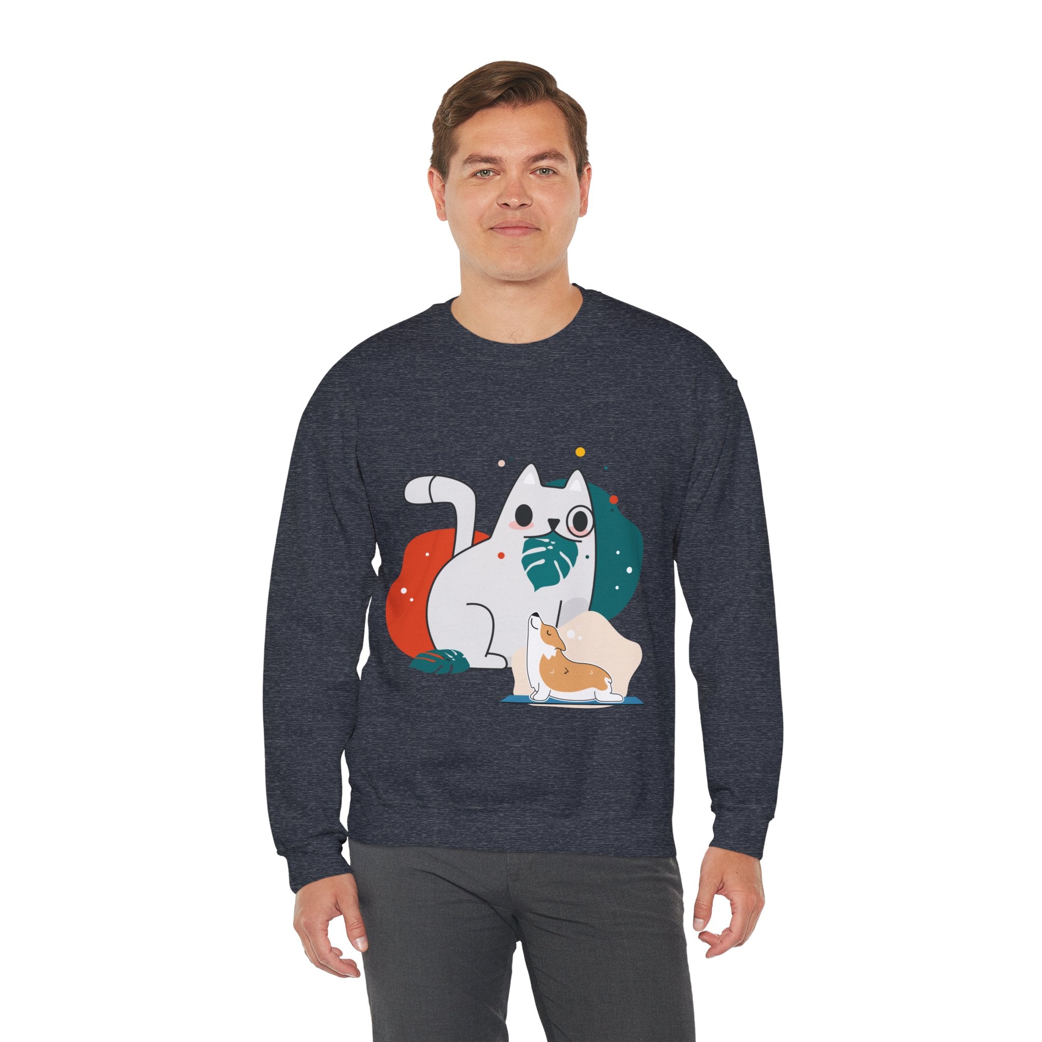 Cute Cat & Corgi Crewneck Sweatshirt — Playful Pet Graphic Pullover