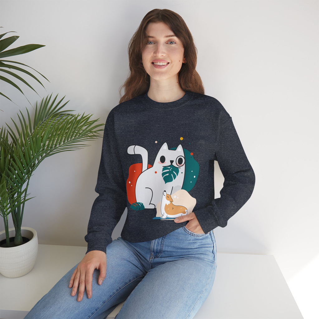Cute Cat & Corgi Crewneck Sweatshirt — Playful Pet Graphic Pullover