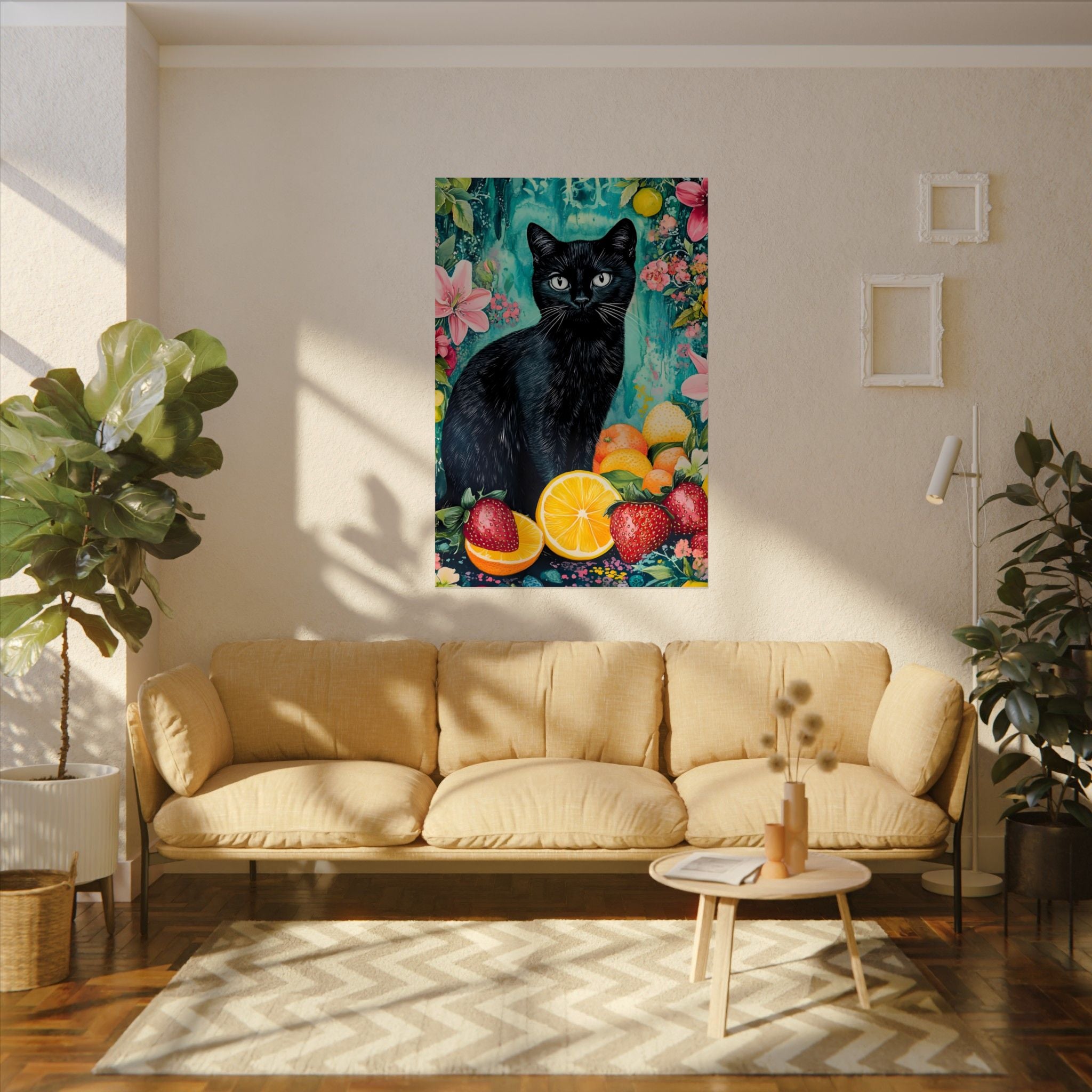 Black Cat Watercolor Poster — Fruit & Floral Matte Art Print