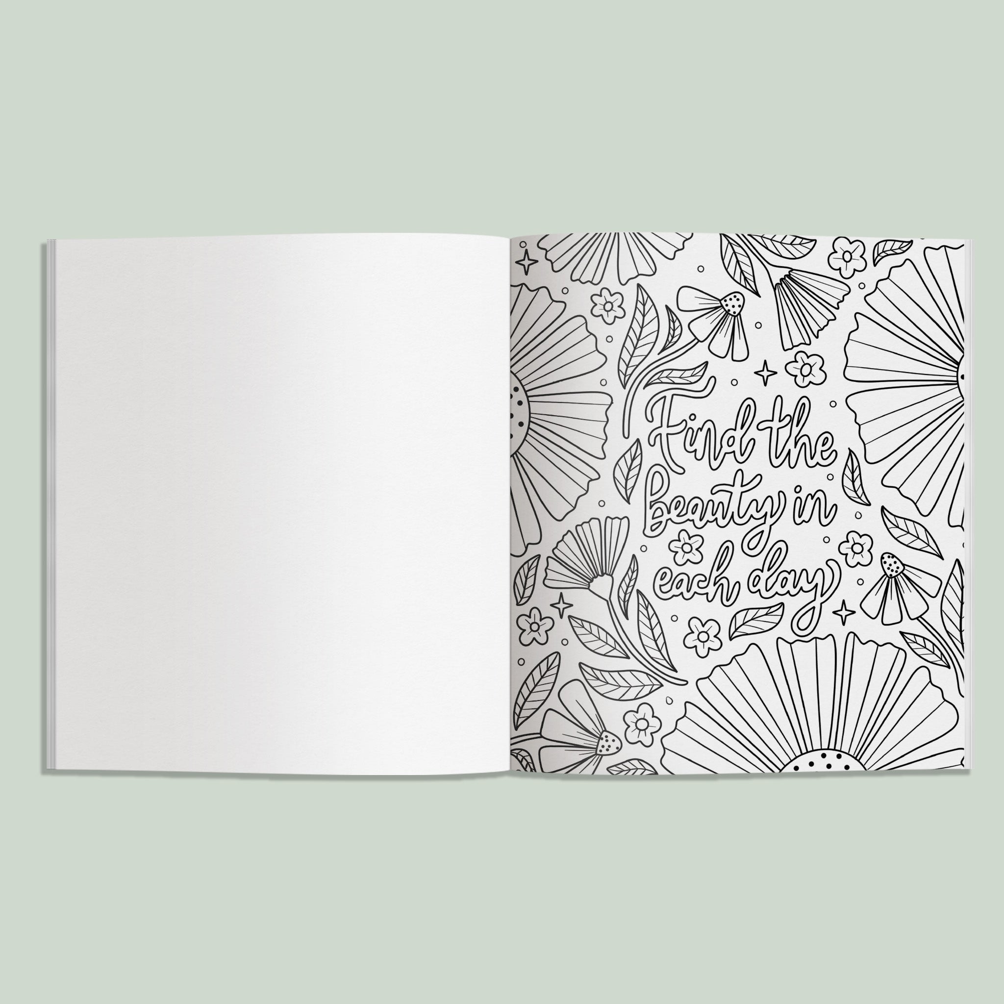 Coloring book open to a page with decorative patterns and text on a light green background