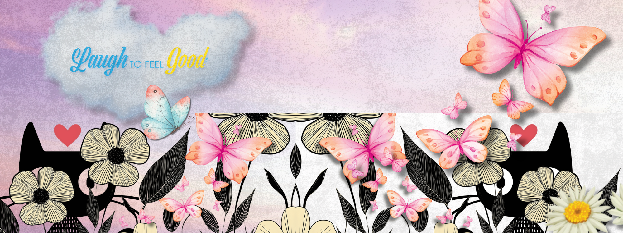 Laugh to Feel Good® in the cloud shaped like a heart over ar designed by Christine Alexander car Peking, flowers and butterflies flying