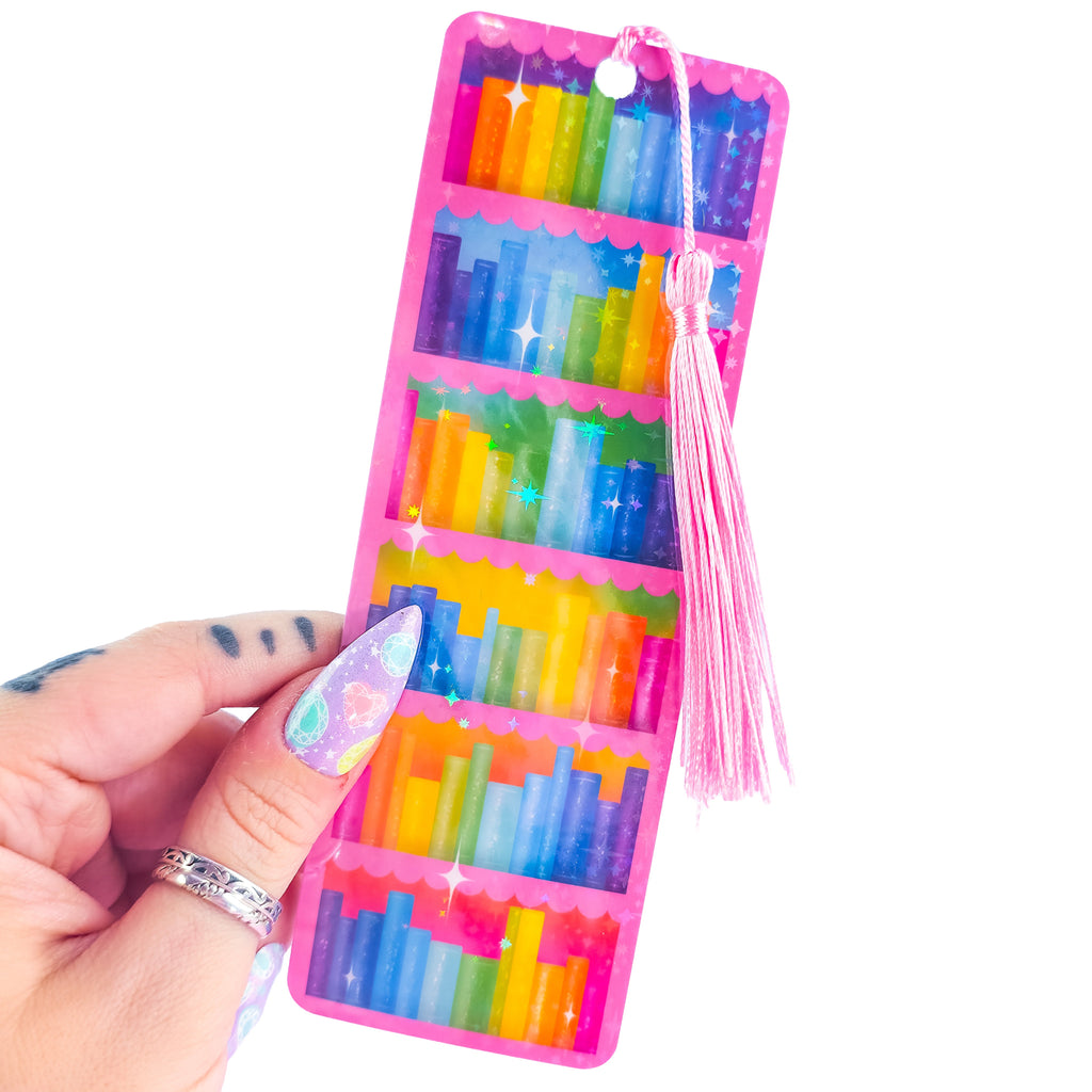 Pink Bookcase Holographic Bookmark - Rainbow Bookshelf Design, Book Lover Gift