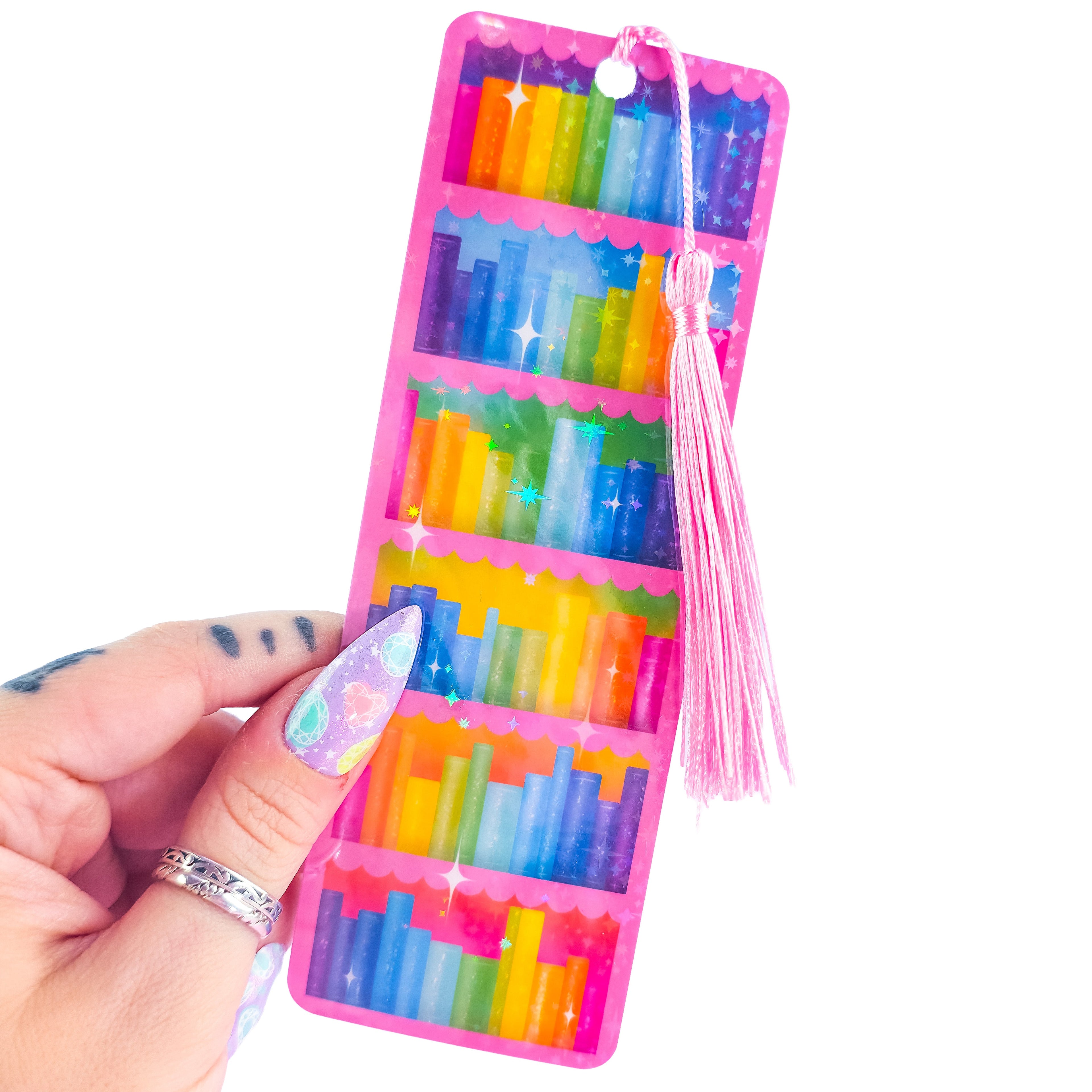 Pink Bookcase Holographic Bookmark - Rainbow Bookshelf Design, Book Lover Gift