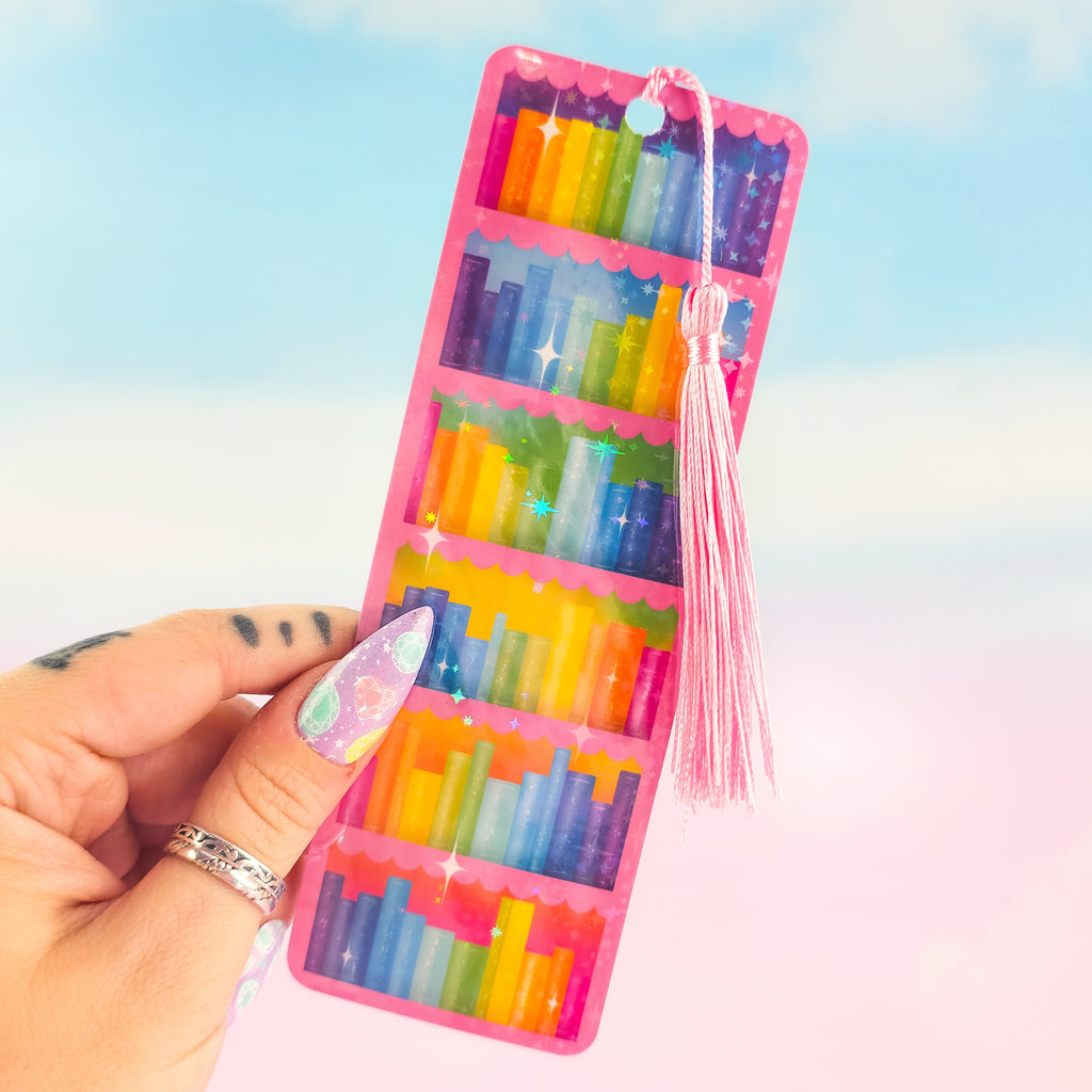 Pink Bookcase Holographic Bookmark - Rainbow Bookshelf Design, Book Lover Gift