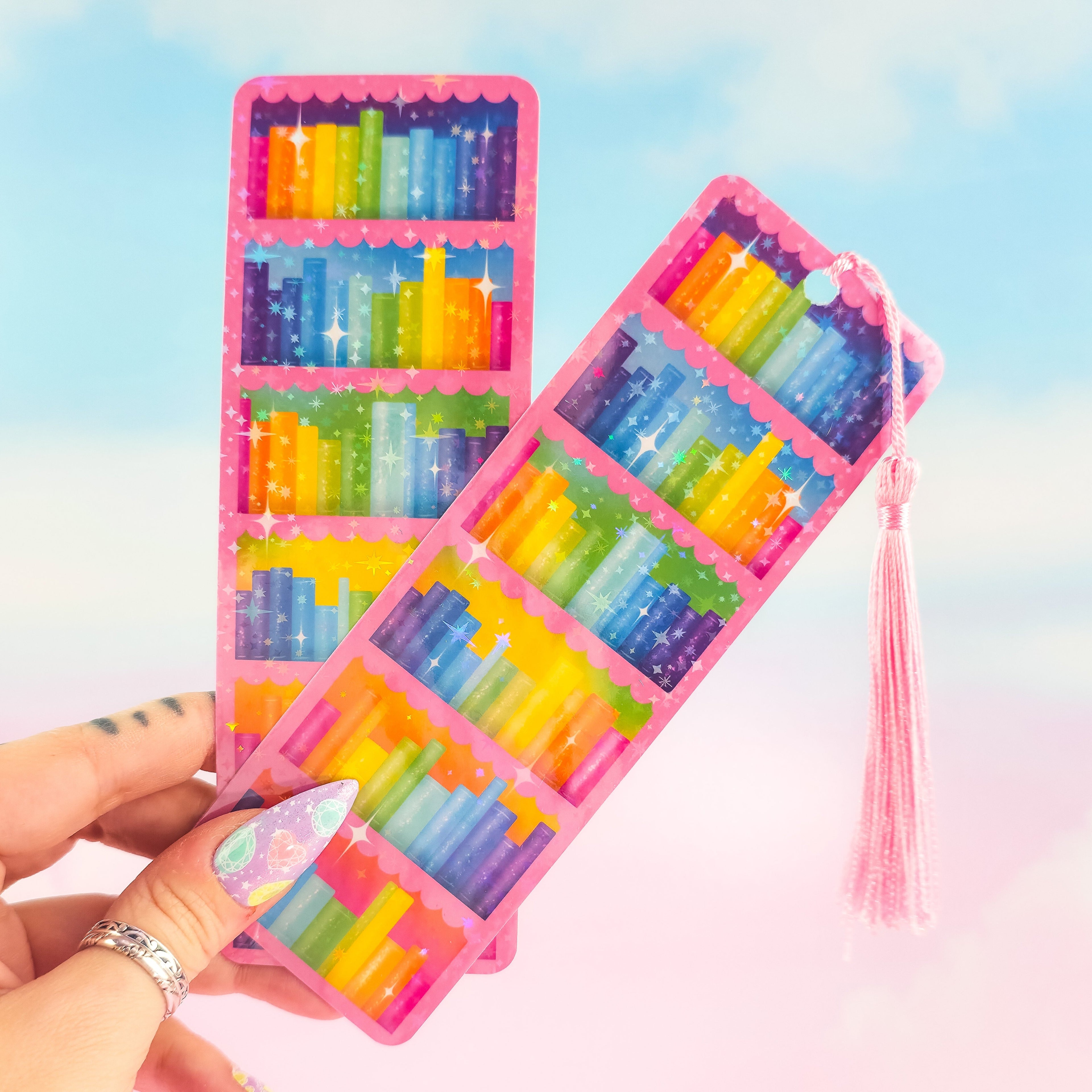 Pink Bookcase Holographic Bookmark - Rainbow Bookshelf Design, Book Lover Gift